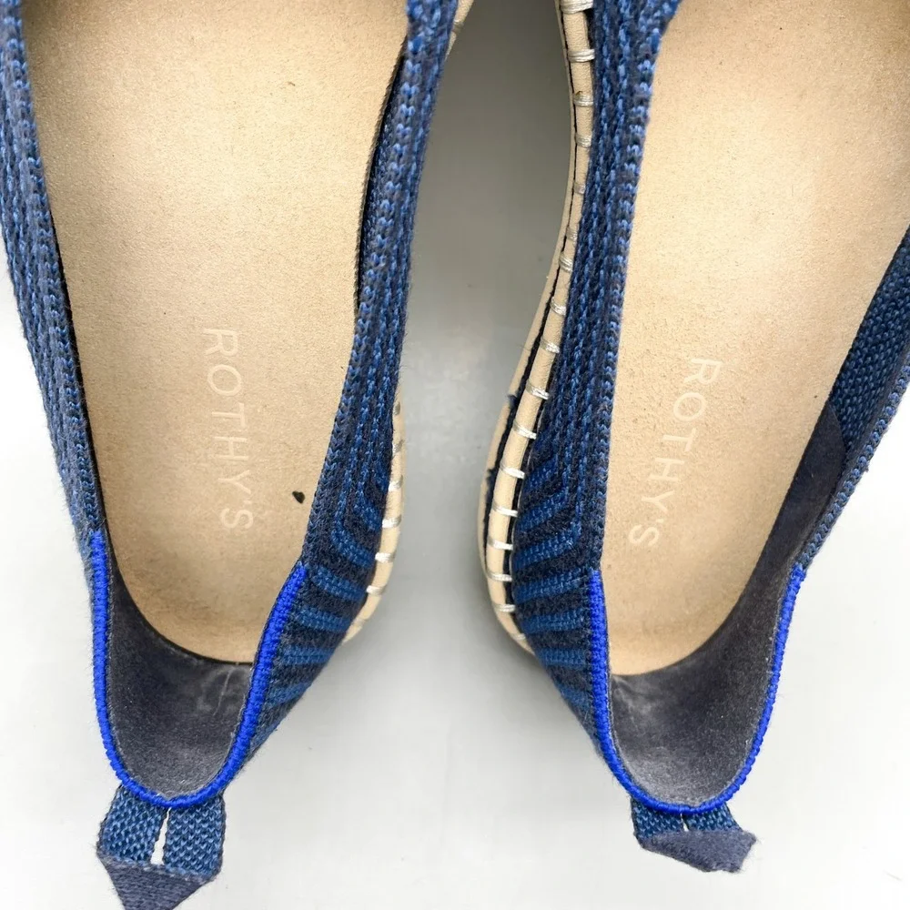 Rothys Womens 7.5 The Espadrille Flats Navy Stipe Knit Coastal Casual Nautical